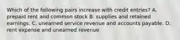 Which of the following pairs increase with credit entries? A. prepaid rent and common stock B. supplies and retained earnings. C. unearned service revenue and accounts payable. D. rent expense and unearned revenue