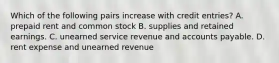 Which of the following pairs increase with credit entries? A. prepaid rent and common stock B. supplies and retained earnings. C. unearned service revenue and accounts payable. D. rent expense and unearned revenue