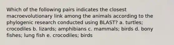 Which of the following pairs indicates the closest macroevolutionary link among the animals according to the phylogenic research conducted using BLAST? a. turtles; crocodiles b. lizards; amphibians c. mammals; birds d. bony fishes; lung fish e. crocodiles; birds