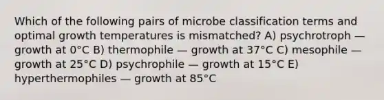 Which of the following pairs of microbe classification terms and optimal growth temperatures is mismatched? A) psychrotroph — growth at 0°C B) thermophile — growth at 37°C C) mesophile — growth at 25°C D) psychrophile — growth at 15°C E) hyperthermophiles — growth at 85°C