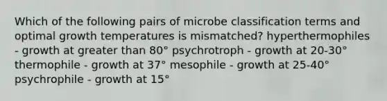 Which of the following pairs of microbe classification terms and optimal growth temperatures is mismatched? hyperthermophiles - growth at greater than 80° psychrotroph - growth at 20-30° thermophile - growth at 37° mesophile - growth at 25-40° psychrophile - growth at 15°