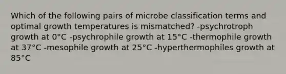 Which of the following pairs of microbe classification terms and optimal growth temperatures is mismatched? -psychrotroph growth at 0°C -psychrophile growth at 15°C -thermophile growth at 37°C -mesophile growth at 25°C -hyperthermophiles growth at 85°C