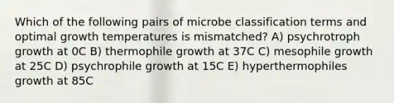 Which of the following pairs of microbe classification terms and optimal growth temperatures is mismatched? A) psychrotroph growth at 0C B) thermophile growth at 37C C) mesophile growth at 25C D) psychrophile growth at 15C E) hyperthermophiles growth at 85C