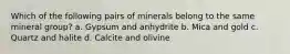 Which of the following pairs of minerals belong to the same mineral group? a. Gypsum and anhydrite b. Mica and gold c. Quartz and halite d. Calcite and olivine