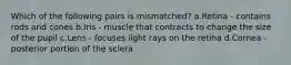 Which of the following pairs is mismatched? a.Retina - contains rods and cones b.Iris - muscle that contracts to change the size of the pupil c.Lens - focuses light rays on the retina d.Cornea - posterior portion of the sclera