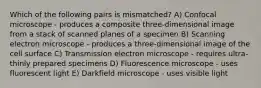 Which of the following pairs is mismatched? A) Confocal microscope - produces a composite three-dimensional image from a stack of scanned planes of a specimen B) Scanning electron microscope - produces a three-dimensional image of the cell surface C) Transmission electron microscope - requires ultra-thinly prepared specimens D) Fluorescence microscope - uses fluorescent light E) Darkfield microscope - uses visible light