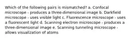 Which of the following pairs is mismatched? a. Confocal microscope - produces a three-dimensional image b. Darkfield microscope - uses visible light c. Fluorescence microscope - uses a fluorescent light d. Scanning electron microscope - produces a three-dimensional image e. Scanning tunneling microscope - allows visualization of atoms