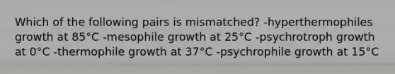 Which of the following pairs is mismatched? -hyperthermophiles growth at 85°C -mesophile growth at 25°C -psychrotroph growth at 0°C -thermophile growth at 37°C -psychrophile growth at 15°C