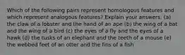 Which of the following pairs represent homologous features and which represent analogous features? Explain your answers. (a) the claw of a lobster and the hand of an ape (b) the wing of a bat and the wing of a bird (c) the eyes of a fly and the eyes of a hawk (d) the tusks of an elephant and the teeth of a mouse (e) the webbed feet of an otter and the fins of a fish