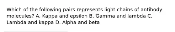 Which of the following pairs represents light chains of antibody molecules? A. Kappa and epsilon B. Gamma and lambda C. Lambda and kappa D. Alpha and beta