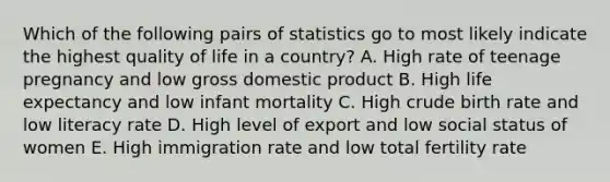 Which of the following pairs of statistics go to most likely indicate the highest quality of life in a country? A. High rate of teenage pregnancy and low gross domestic product B. High life expectancy and low infant mortality C. High crude birth rate and low literacy rate D. High level of export and low social status of women E. High immigration rate and low total fertility rate