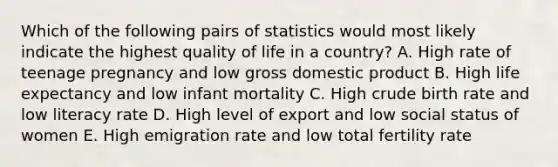 Which of the following pairs of statistics would most likely indicate the highest quality of life in a country? A. High rate of teenage pregnancy and low gross domestic product B. High life expectancy and low infant mortality C. High crude birth rate and low literacy rate D. High level of export and low social status of women E. High emigration rate and low total fertility rate