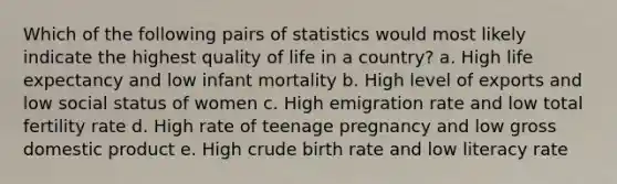 Which of the following pairs of statistics would most likely indicate the highest quality of life in a country? a. High life expectancy and low infant mortality b. High level of exports and low social status of women c. High emigration rate and low total fertility rate d. High rate of teenage pregnancy and low gross domestic product e. High crude birth rate and low literacy rate