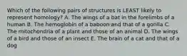 Which of the following pairs of structures is LEAST likely to represent homology? A. The wings of a bat in the forelimbs of a human B. The hemoglobin of a baboon and that of a gorilla C. The mitochondria of a plant and those of an animal D. The wings of a bird and those of an insect E. The brain of a cat and that of a dog