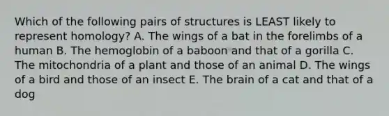 Which of the following pairs of structures is LEAST likely to represent homology? A. The wings of a bat in the forelimbs of a human B. The hemoglobin of a baboon and that of a gorilla C. The mitochondria of a plant and those of an animal D. The wings of a bird and those of an insect E. The brain of a cat and that of a dog