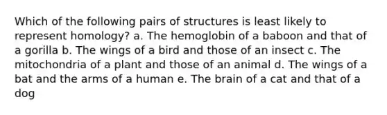 Which of the following pairs of structures is least likely to represent homology? a. The hemoglobin of a baboon and that of a gorilla b. The wings of a bird and those of an insect c. The mitochondria of a plant and those of an animal d. The wings of a bat and the arms of a human e. <a href='https://www.questionai.com/knowledge/kLMtJeqKp6-the-brain' class='anchor-knowledge'>the brain</a> of a cat and that of a dog