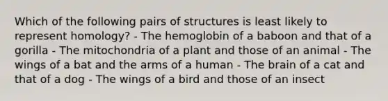 Which of the following pairs of structures is least likely to represent homology? - The hemoglobin of a baboon and that of a gorilla - The mitochondria of a plant and those of an animal - The wings of a bat and the arms of a human - The brain of a cat and that of a dog - The wings of a bird and those of an insect