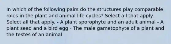 In which of the following pairs do the structures play comparable roles in the plant and animal life cycles? Select all that apply. Select all that apply. - A plant sporophyte and an adult animal - A plant seed and a bird egg - The male gametophyte of a plant and the testes of an animal