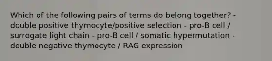 Which of the following pairs of terms do belong together? - double positive thymocyte/positive selection - pro-B cell / surrogate light chain - pro-B cell / somatic hypermutation - double negative thymocyte / RAG expression