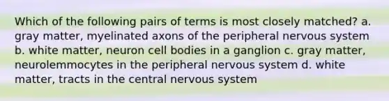 Which of the following pairs of terms is most closely matched? a. gray matter, myelinated axons of the peripheral nervous system b. white matter, neuron cell bodies in a ganglion c. gray matter, neurolemmocytes in the peripheral nervous system d. white matter, tracts in the central nervous system