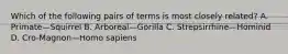 Which of the following pairs of terms is most closely related? A. Primate—Squirrel B. Arboreal—Gorilla C. Strepsirrhine—Hominid D. Cro-Magnon—Homo sapiens