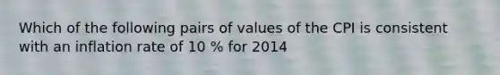 Which of the following pairs of values of the CPI is consistent with an inflation rate of 10 % for 2014