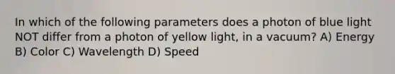 In which of the following parameters does a photon of blue light NOT differ from a photon of yellow light, in a vacuum? A) Energy B) Color C) Wavelength D) Speed