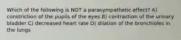 Which of the following is NOT a parasympathetic effect? A) constriction of the pupils of the eyes B) contraction of the urinary bladder C) decreased heart rate D) dilation of the bronchioles in the lungs