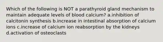 Which of the following is NOT a parathyroid gland mechanism to maintain adequate levels of blood calcium? a.inhibition of calcitonin synthesis b.increase in intestinal absorption of calcium ions c.increase of calcium ion reabsorption by the kidneys d.activation of osteoclasts