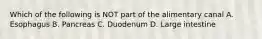 Which of the following is NOT part of the alimentary canal A. Esophagus B. Pancreas C. Duodenum D. Large intestine