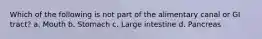 Which of the following is not part of the alimentary canal or GI tract? a. Mouth b. Stomach c. Large intestine d. Pancreas