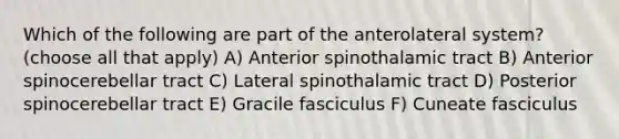 Which of the following are part of the anterolateral system? (choose all that apply) A) Anterior spinothalamic tract B) Anterior spinocerebellar tract C) Lateral spinothalamic tract D) Posterior spinocerebellar tract E) Gracile fasciculus F) Cuneate fasciculus