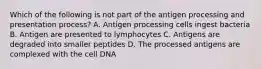 Which of the following is not part of the antigen processing and presentation process? A. Antigen processing cells ingest bacteria B. Antigen are presented to lymphocytes C. Antigens are degraded into smaller peptides D. The processed antigens are complexed with the cell DNA