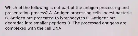 Which of the following is not part of the antigen processing and presentation process? A. Antigen processing cells ingest bacteria B. Antigen are presented to lymphocytes C. Antigens are degraded into smaller peptides D. The processed antigens are complexed with the cell DNA