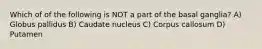 Which of of the following is NOT a part of the basal ganglia? A) Globus pallidus B) Caudate nucleus C) Corpus callosum D) Putamen