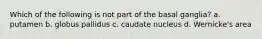 Which of the following is not part of the basal ganglia? a. putamen b. globus pallidus c. caudate nucleus d. Wernicke's area