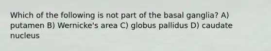 Which of the following is not part of the basal ganglia? A) putamen B) Wernicke's area C) globus pallidus D) caudate nucleus