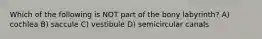 Which of the following is NOT part of the bony labyrinth? A) cochlea B) saccule C) vestibule D) semicircular canals