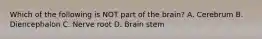 Which of the following is NOT part of the brain? A. Cerebrum B. Diencephalon C. Nerve root D. Brain stem