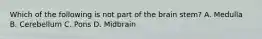 Which of the following is not part of the brain stem? A. Medulla B. Cerebellum C. Pons D. Midbrain