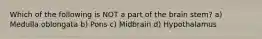 Which of the following is NOT a part of the brain stem? a) Medulla oblongata b) Pons c) Midbrain d) Hypothalamus