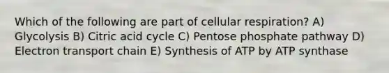 Which of the following are part of cellular respiration? A) Glycolysis B) Citric acid cycle C) Pentose phosphate pathway D) Electron transport chain E) Synthesis of ATP by ATP synthase