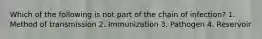 Which of the following is not part of the chain of infection? 1. Method of transmission 2. Immunization 3. Pathogen 4. Reservoir