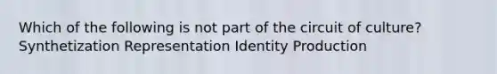 Which of the following is not part of the circuit of culture? Synthetization Representation Identity Production