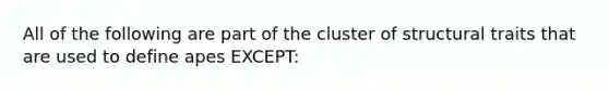 All of the following are part of the cluster of structural traits that are used to define apes EXCEPT: