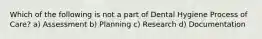 Which of the following is not a part of Dental Hygiene Process of Care? a) Assessment b) Planning c) Research d) Documentation