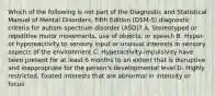 Which of the following is not part of the Diagnostic and Statistical Manual of Mental Disorders, Fifth Edition (DSM-5) diagnostic criteria for autism spectrum disorder (ASD)? A. Stereotyped or repetitive motor movements, use of objects, or speech B. Hyper- or hyporeactivity to sensory input or unusual interests in sensory aspects of the environment C. Hyperactivity-impulsivity have been present for at least 6 months to an extent that is disruptive and inappropriate for the person's developmental level D. Highly restricted, fixated interests that are abnormal in intensity or focus