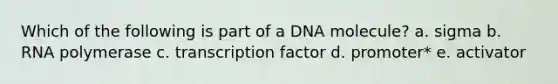 Which of the following is part of a DNA molecule? a. sigma b. RNA polymerase c. transcription factor d. promoter* e. activator