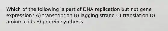 Which of the following is part of DNA replication but not gene expression? A) transcription B) lagging strand C) translation D) amino acids E) protein synthesis