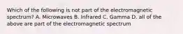 Which of the following is not part of the electromagnetic spectrum? A. Microwaves B. Infrared C. Gamma D. all of the above are part of the electromagnetic spectrum